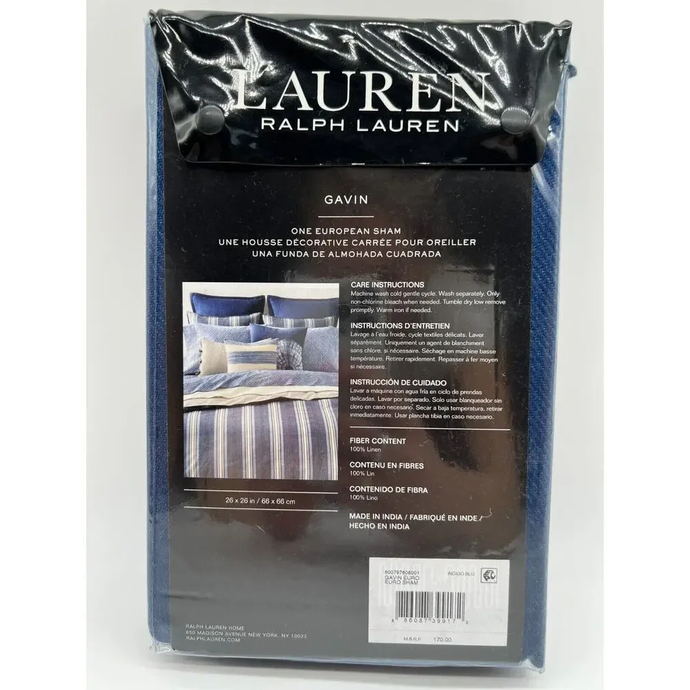 Ralph Lauren Gavin One European Sham Indigo Blue 26x26 NWT.,